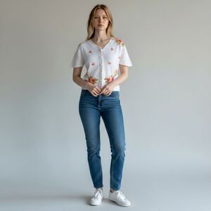 Vintage Grannycore Twee Embroidered Short Sleeve Spring Cardigan Sweater - Med